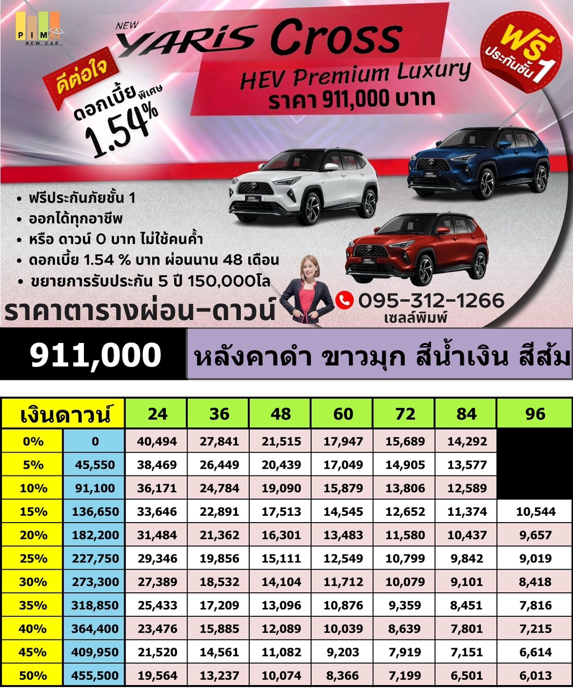 ตารางผ่อน yaris cross premium luxury หลังคาดำ น้ำเงิน ส้ม ขาวมุก ตารางผ่อน yaris cross premium luxury หลังคาดำ น้ำเงิน ส้ม ขาวมุก